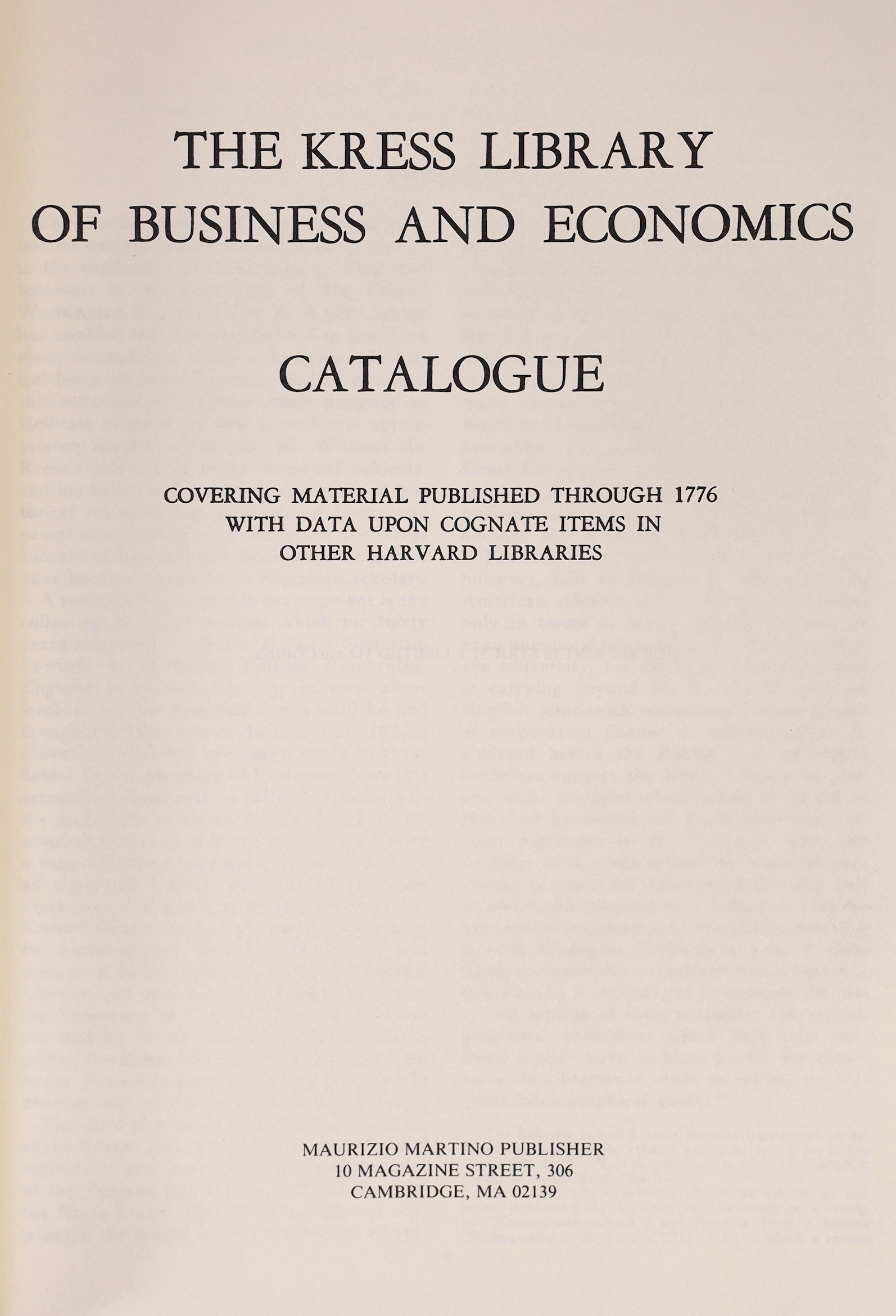 The Kress Library of Business and Economics, Catalogue. 4 vols. publisher's gilt lettered cloth, 4vo. Boston & Cambridge (Mass.), 1964